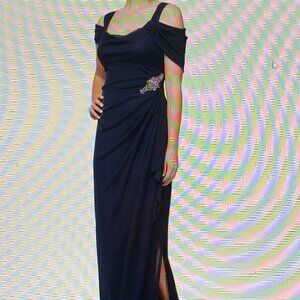 Alex Evenings Womens's Long Cold Shoulder Dress, Navy, Size 6